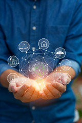 Technology, hand holding with environment Icons over the Network connection on green background.