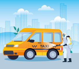 Fototapeta na wymiar vehicle taxi disinfectant services for covid 19 disease vector illustration design