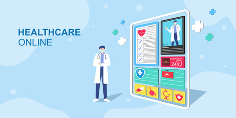 Healthcare online concept.Healthcare, finance and medical service. Flat style vector illustration.