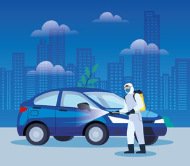 Obraz premium automobile disinfectant services for covid 19 disease vector illustration design