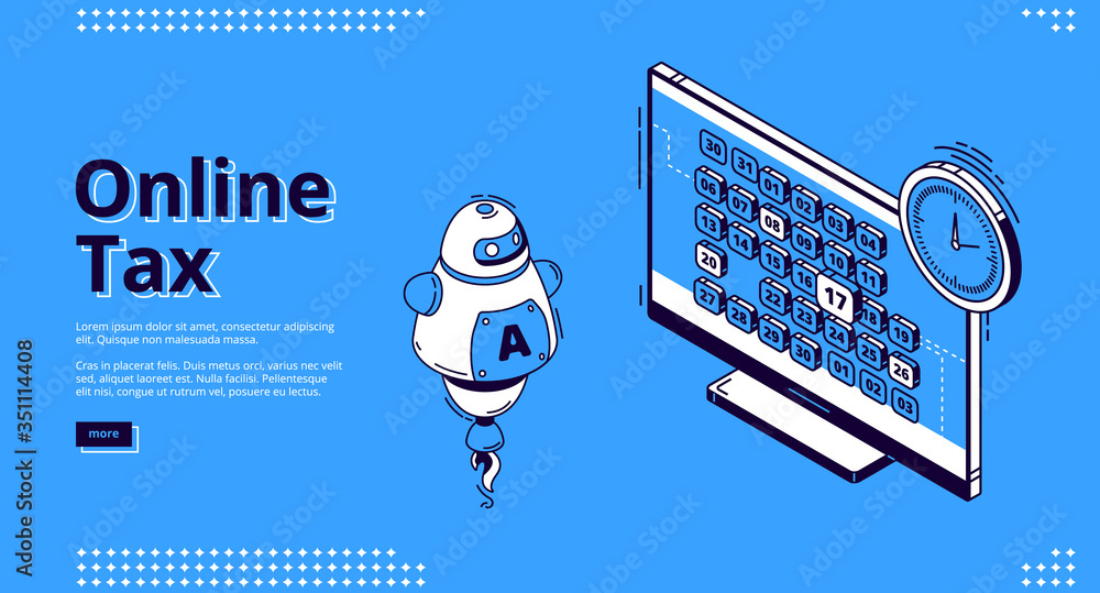 Poster online tax isometric landing page. ai robot front of computer desktop with calendar and clock. smart