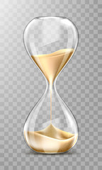 Sand hourglass, glass timer with falling golden grains. Vector realistic sand clock isolated on transparent background. Vintage watch for countdown hour or minutes. Running time or deadline concept