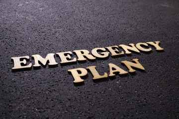 Emergency Plan. Motivational internet business words quotes, wooden lettering typography concept