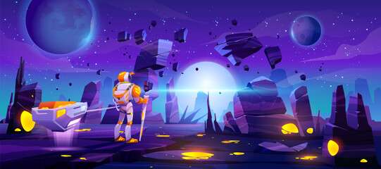Astronaut on alien planet in far galaxy. Cosmonaut in suit and helmet holding staff and pull anti-gravity truck with glowing artefact. Spaceman stranger explore outer space cartoon vector illustration © klyaksun
