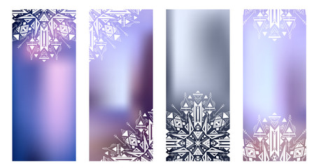 Set of vertical cards with tribal decoration on a blurred background. Vector objects with folk mystic patterns for yoga studios, business cards, banners and your design.