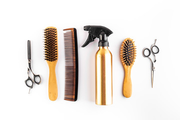 Hairdresser tools. Flat lay on white background top view