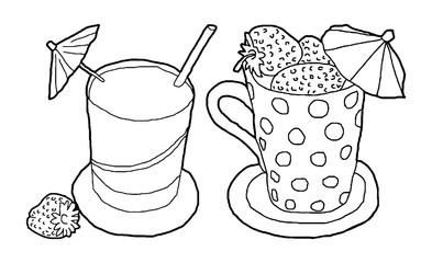 Hand drawn set of cocktails with umbrellas and strawberries