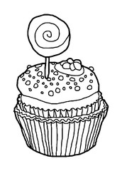 Hand drawn muffin in black and white, isolated vector illustration