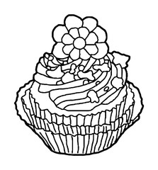 Hand drawn muffin in black and white, isolated vector illustration