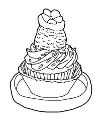 Hand drawn muffin with strawberry, flower and sprinkles, isolated vector illustration