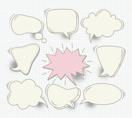 A set of comic speech bubbles and elements with halftone shadows