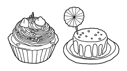 Hand drawn set of muffin and cake, isolated black and white vector illustrations