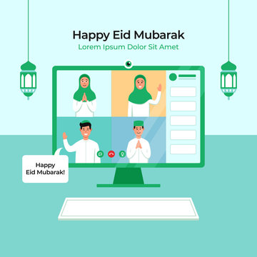 Tele Conference For Eid Fitr Mubarak Celebration During Physical Distancing Covid Pandemic. Group Muslim People Video Call Vector Illustration