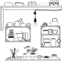 a set of different shelves with kitchen items: cups,mugs, cans, different dishes. Vector linear drawing.