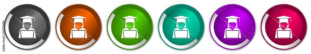 Poster student with laptop icon set, computer, education silver metallic chrome border vector web buttons i