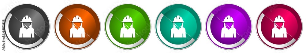 Leinwandbilder Engineer icon set, worker, manager, employe silver metallic chrome border vector web buttons in 6 colors options for webdesign