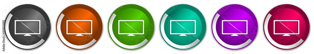 Aufkleber screen, tv icon set, silver metallic chrome border vector web buttons in 6 colors options for webdes