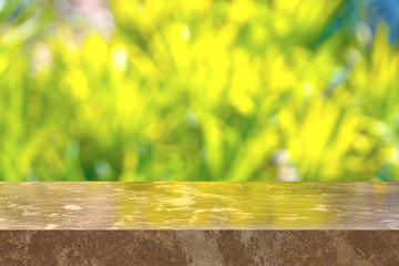 3D rendering, Brown marble table with view nature backdrop.you can used for display products. or add your own text on space