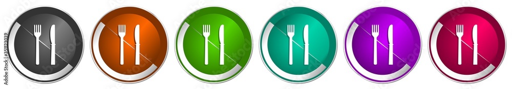 Aufkleber Eat icon set, silver metallic chrome border vector web buttons in 6 colors options for webdesign