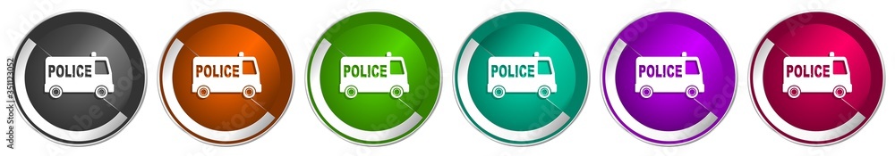 Poster Police icon set, silver metallic chrome border vector web buttons in 6 colors options for webdesign