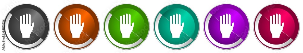 Poster Stop icon set, silver metallic chrome border vector web buttons in 6 colors options for webdesign