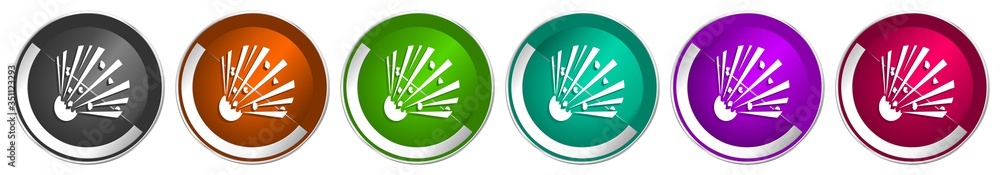 Poster Bomb icon set, silver metallic chrome border vector web buttons in 6 colors options for webdesign