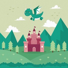 dragon flying over a castle