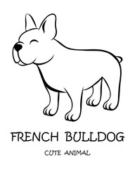 Black line vector illustration cartoon on a white background of a cute French Bulldog. 