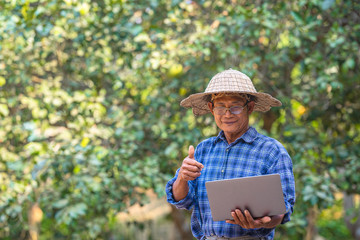 Asian man farmer with smart phone and laptop business and technology concept,Asian man farmer on empty copy space