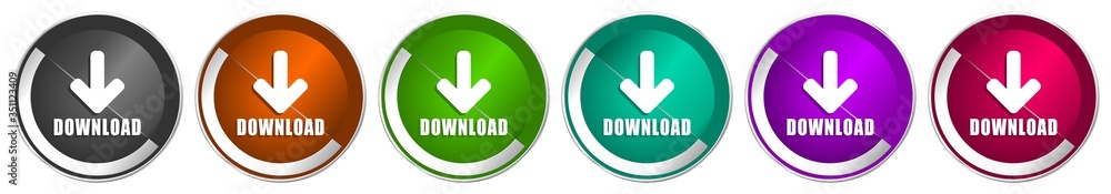 Leinwandbilder Download icon set, silver metallic chrome border vector web buttons in 6 colors options for webdesign