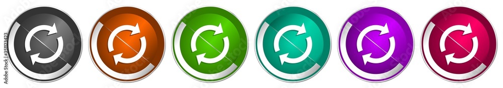 Poster reload icon set, silver metallic chrome border vector web buttons in 6 colors options for webdesign