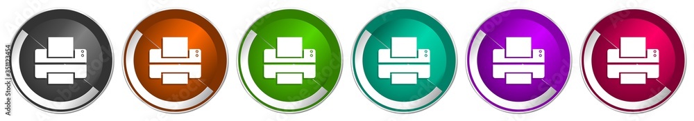 Poster Printer icon set, print silver metallic chrome border vector web buttons in 6 colors options for webdesign