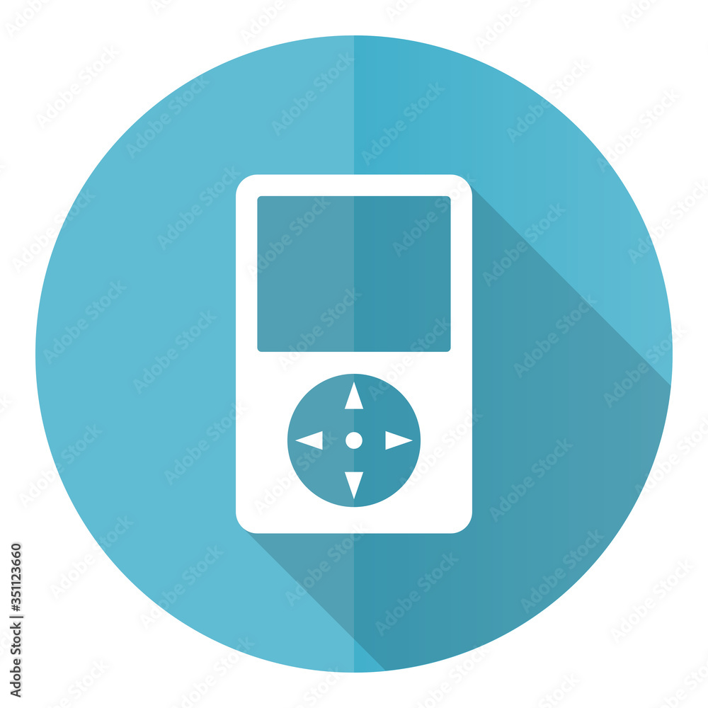 Poster music player blue round flat design vector icon isolated on white background
