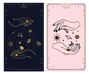 Cosmos tarot cards are created by the hands of God. Hands are set in a simple flat esoteric Boho style. esoteric collection of logos with various symbols such as a planetary cosmic star, gold and pink