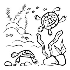 Doodle hand drawing pattern. Marine life. Water turtles fish, algae. Monochrome. Simple flat motif . Vector illustration