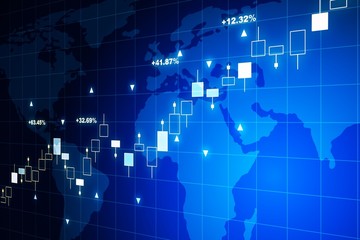 Financial chart on a blue world map background. 3D Rendering