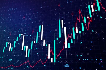 Obraz premium Abstract growing financial chart with candlesticks on a blue background. Forex and trading concept. 3D Rendering