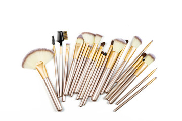 Cosmetic Makeup brushes on white background. Flat lay, top view, copy space. Makeup accessories, mockup, template