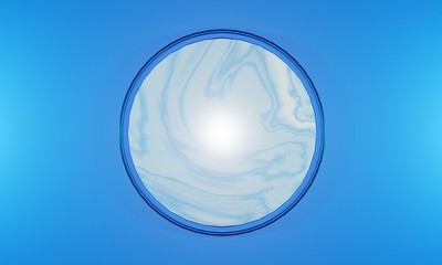 Bright blue background with 3D rendering of metallic, shiny ring around a circle with a marble or fluid texture with copy space. Great for banners, backdrops, promotions, advertising and posters.