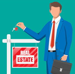 Businessman or realtor holding key. Wooden placard with real estate sign. Mortgage, property and investment. Buy sell or rent realty. Flat vector illustration