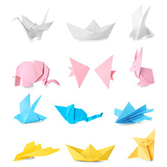 Many origami figures on white background