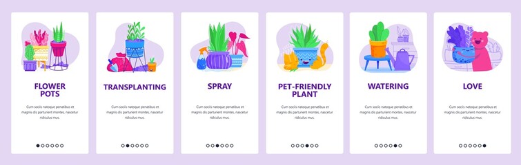 Growing houseplants website and mobile app onboarding screens vector template