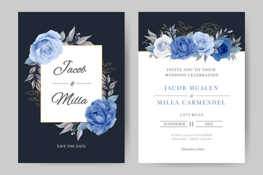 Blue watercolor flower wedding invitation template. Rose and peony bouquet flora with gold leave.