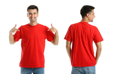 Man in stylish t-shirt on white background. Front and back view
