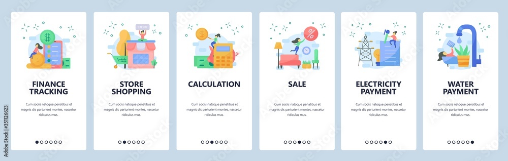 Aufkleber finance tracking website and mobile app onboarding screens vector template