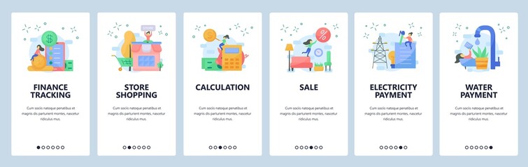 Finance tracking website and mobile app onboarding screens vector template