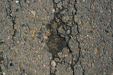 Old worn and cracked asphalt with cracks. Cracked asphalt background. Gray asphalt background