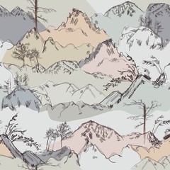 Ink mountain landscape on a white background. Seamless vector pattern. Square repeating design in Japanese, oriental painting style
