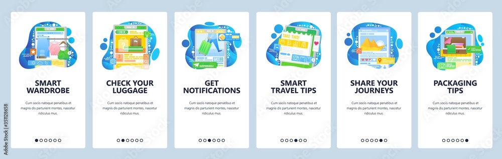 Poster travel service website and mobile app onboarding screens vector template