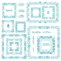 Vector set of calligraphic elements for design, blue-green watercolor style. Square, rectangle, section, module, template for logo, monogram, frames, boxes, vignette, ornate elements